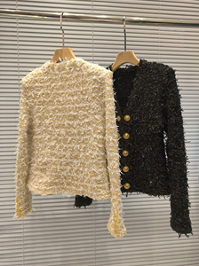 BA2365 Giacca Cardigan da <span class=keywords><strong>Donna</strong></span> Stile Francese Doppiopetto con Bottoni Dorati Scollo a V Versatile Elegante Corta in <span class=keywords><strong>Tweed</strong></span> - Product Image 2