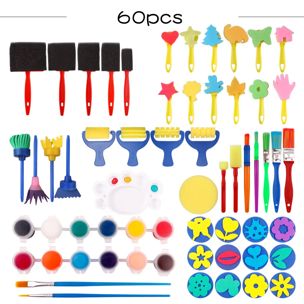 60Pcs Early Learning Kids Paint Gifts DIY Set Washable Finger Paint with Paint Roll ,Sponge Brushes,Apron,Palette,Model for kids