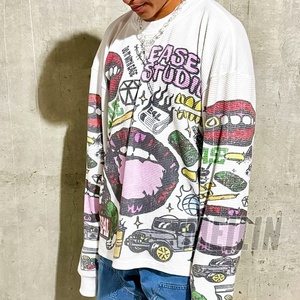 Clothing Manufacturers Custom Thermal Print Oversized Long Sleeve T-<b>shirt</b> for Men Pattern Print <b>Waffle</b> Knit Long Sleeve - Product Image 4