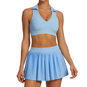 Conjunto de yoga Allure Body para mujer, azul, con cuello polo, espalda descubierta y falda plisada, ropa deportiva para actividades al aire libre de verano. - Product Image 3