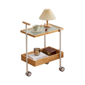 Zhui Zhu <b>Side</b> <b>Table</b> Trolley Glass Top Solid Wood Movable Coffee <b>Table</b> <b>Storage</b> Rack For Living Room Balcony - Product Image 5