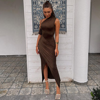 Nouvelle Robe Longue Tricotée Décontractée Sans Manches Slim Fit Unie à Taille Haute Plissée Style Européen et Américain pour Femme – Collection Été