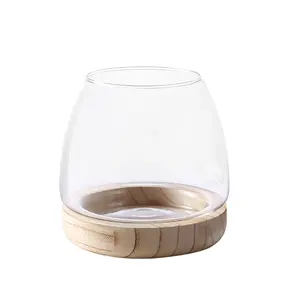 New style Home House Table Decoration Transparent Glass Fish Bowl With Wooden Base for Plant Flower