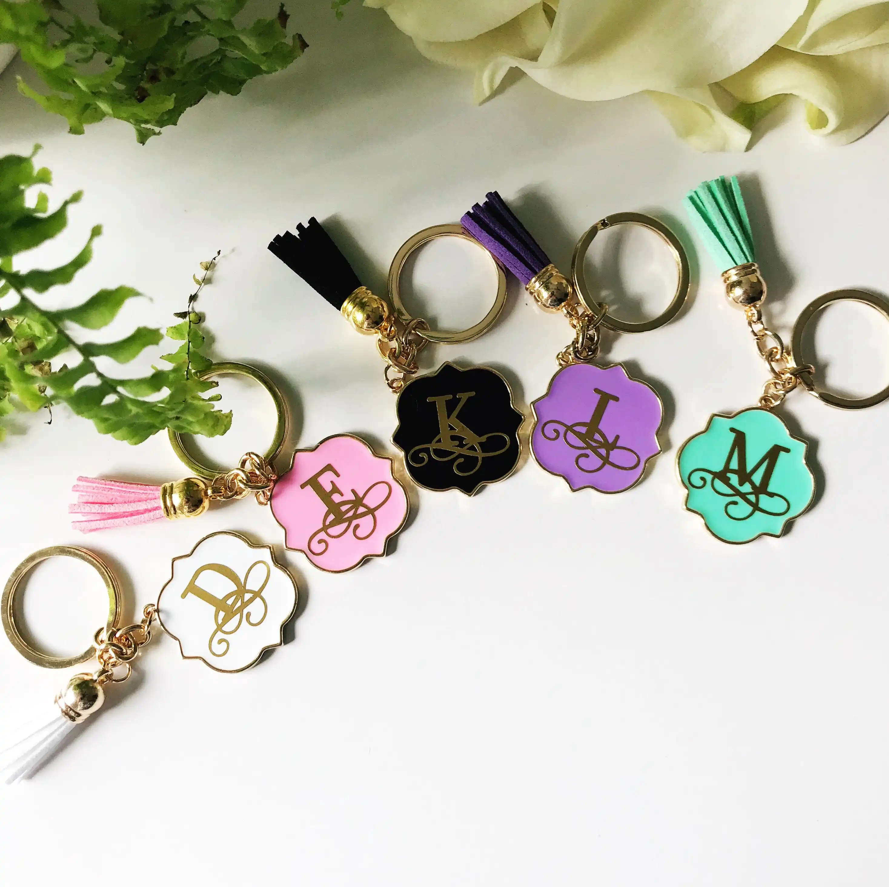 Trendy Monogram Multi Colors Quatrefoil Enamel Keychain With Leather Tassel