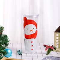 Gelas Sedotan Natal 700ml Dengan Tutup Dua Lapis, Dapat Digunakan Kembali, Isolasi Termal, Bahan PS, Gaya Kartun Santa Snowman