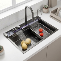 Wastafel Dapur Pintar Desain Air Terjun Nano Hitam Baja Anti Karat Buatan Tangan Populer 2026 dengan Layar Digital