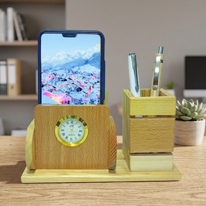 Organiseur de bureau en bois avec horloge et porte-stylos pour usage professionnel - Product Image 4