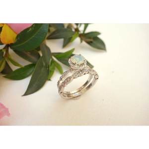 Women's <b>Opal</b> Engagement <b>Ring</b> Set Wave Design <b>Silver</b> Tone Jewelry for Wedding Proposal - Product Image 5