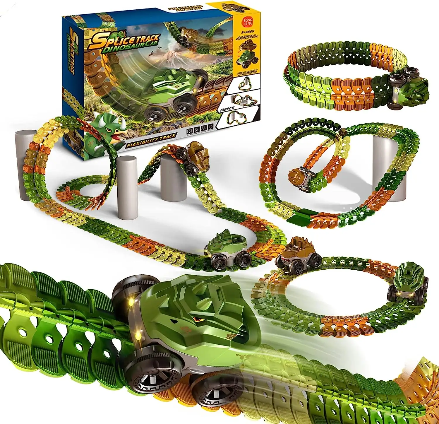 डायनासोर खिलौने रेस ट्रैक लचीला ट्रेन पटरियों के साथ 8 डायनासोर बिजली दौड़ कारों वाहन खेलने सेट