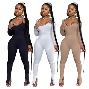 2022 New arrival Fall Bodysuit Jogger Set 2 Piece Set Women Clothes Casual Split Pants For Ladies Solid Jumpsuit rompers Set