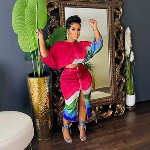 2024 HO Illusion Blusa recortada Falda Conjunto Colorblock Dobladillo dividido Hombro inclinado Falda Conjuntos de dos piezas Conjunto Chemise Et Jupe - Product Image 2