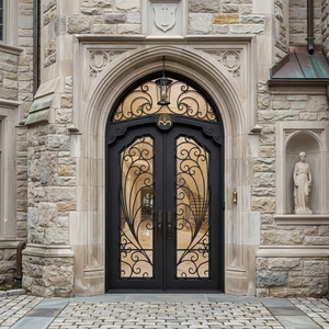 Porta d'Ingresso Principale in Ferro Battuto di Lusso Personalizzata NFRC, Design a <span class=keywords><strong>Doppia</strong></span> <span class=keywords><strong>Anta</strong></span> con Finestra Circolare Superiore - Product Image 2