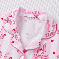 Ensemble pyjama femme, haut à manches courtes décontracté d'été, col, short ample, léger, respirant, imprimé cœur, nœud, rayures, rose