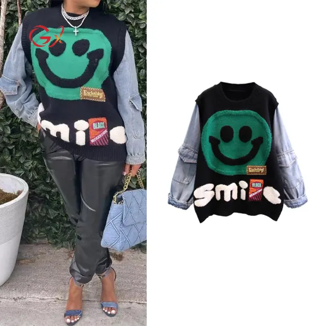 GX0183 High Quality New Arrivals Denim Stitching Cartoon Knitted Blouse Women Tops Loose Pullover Smile Face Women Sweater