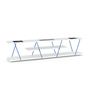 Meuble TV bas FurnisHome Tars de 56 pouces, style moderne du milieu du siècle, avec rangement ouvert, centre de divertissement en métal, blanc - Product Image 1