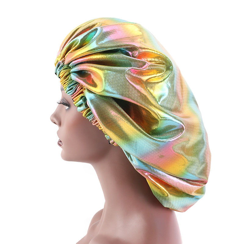 Tendance 2021 100% Soie Cheveux Réglable Double Couche Ankara Satin Grande Laser Bonnets Avec Bande Élastique Faible Quantité M