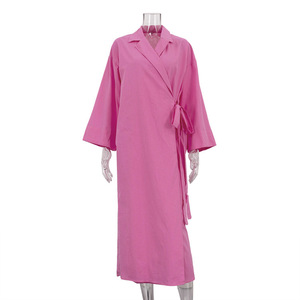 Elegante Chic da donna avvolgente in lino <span class=keywords><strong>rosso</strong></span> con risvolto a maniche <span class=keywords><strong>Kimono</strong></span> con cintura lunga Maxi abito Casual elegante per l'estate tinta unita naturale - Product Image 6