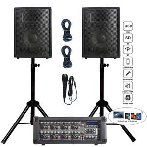 1000W 2X10 "Subwoofer PA Système de haut-parleurs BT TWS Ensembles de karaoké Boîte de son Mélangeur alimenté à 8 canaux + support + micro Bocina Parlante - Product Image 2
