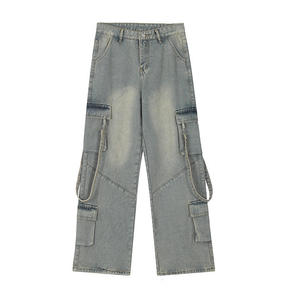 YFY jins Denim kaki lurus wanita pinggang tinggi antik kustom celana katun tertekan kasual Retro Streetwear <span class=keywords><strong>2025</strong></span> desain baru - Product Image 3