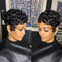 Perruque Kemy Honey Blonde pour coupe pixie, cheveux humains, sans colle, fabriquée à la machine, bouclée, avec frange courte, pour femmes noires