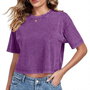 Haut court d'été ample à col rond et manches courtes pour femme, 100 % coton 220 GSM, délavé à l'acide, avec fonction anti-rétrécissement - Product Image 2