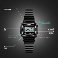 SKMEI 1901 jam tangan Digital untuk wanita, arloji olahraga Dial persegi kecil ramping, jam tangan tali baja tahan karat tahan air, jam tangan Alarm Digital