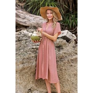 Vestido de Noche Elegante y Delgado con Cuello en V, Manga Corta, Lazo Frontal y Cintura Ajustada, Ideal para la Playa - Product Image 2