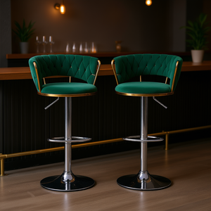Tabourets de bar en velours vert, base chromée, hauteur réglable, pivotants, design moderne, mobilier commercial, lot de 2 - Product Image 2