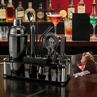 BEST-SELLER - Ensemble de shaker à cocktails noir de 23 pièces, 750 ml, shaker de bar en acier inoxydable, kit d'accessoires pour barman avec support en bambou