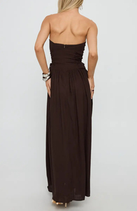 Ladies' Brown Strapless High-Waisted Side <b>Striped</b> Tied Waist Decorative Long Dress Factory Customized Daily Party - Product Image 5