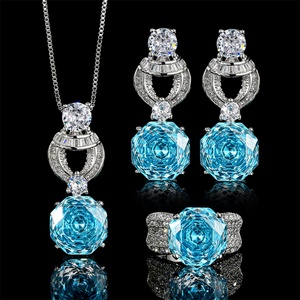 Wholesale Eco-friendly Copper 12mm Sea Blue Cubic Zirconia Necklace <b>Earrings</b> Ring <b>Set</b> Exquisite Jewelry <b>Sets</b> for Women - Product Image 3