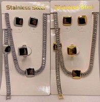 AFXSION Ensemble de bijoux LOGO personnalisable 4 pièces Collier de diamants blancs noirs Boucles d'oreilles Bracelet Bague Ensemble de bijoux en acier inoxydable
