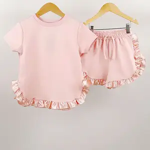 Tùy Chỉnh Cô Gái Của Mùa Hè Quần Áo Bộ Sang Trọng Boutique Cotton Giản Dị Ngắn Tay Áo Trẻ Em Sweatsuit Phong Cách Ngọt Ngào