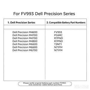 Batterie Li-ion FV993 11.1V 6000mAh pour <span class=keywords><strong>Dell</strong></span> <span class=keywords><strong>Precision</strong></span> M4600 M4700 M4800 M6600 M6700 <span class=keywords><strong>M6800</strong></span> FJJ4W PG6RC R7PND Vente en gros - Product Image 3