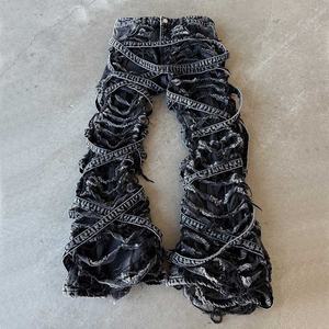 بنطلون بنطلون عالي الجودة للرجال نحيف مشتعل بشعار مخصص مكدس فضفاض ضمادة استغاثة ممزق أسود جينز للرجال - Product Image 1