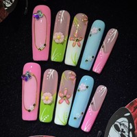 TK Faux Ongles Longs Carrés Faits Main à Presser, Motifs Floraux 3D Colorés, Tendance Printemps 2026, Vente Chaude