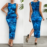Robe Crayon Élégante d'Été pour Femme, Sans Manches, Col Rond, Fendue, Imprimée, Coupe Ajustée, Idéale Soirées et Clubs