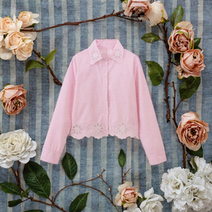 Chemisier rose rayé pour femme, brodé ajouré, à manches longues et col rabattu, en tissu tissé, pour le quotidien - Product Image 3