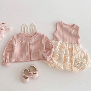 Ensemble jupe et bloomers d'automne pour petites filles d'un an, <span class=keywords><strong>robe</strong></span> en coton unie à manches longues et col rond, deux pièces - Product Image 2