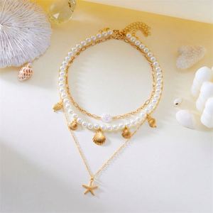 European American Summer Fashion Women's Alloy Multi-layer Pearl Starfish Shell Link <b>Chain</b> Necklace 3-Piece <b>Cross</b>-Border Set - Product Image 3
