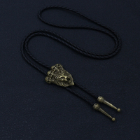 Collier Pendentif Bolo Tie Lion et Crâne en Bronze Antique, Bijou Multifonctionnel en Cuir Tressé PU et Alliage de Zinc, Style Western Cowboy pour Hommes