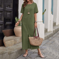Robe d'été vintage en coton et lin, couleur unie, col ample, manches courtes, taille haute, coupe irrégulière pour femme - Grande promotion
