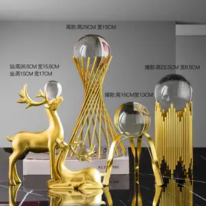 Modern Home Decor Interior metal Gold deer ginkgo leaf Crystal ball ornament Table Living Room Decoration table ornament