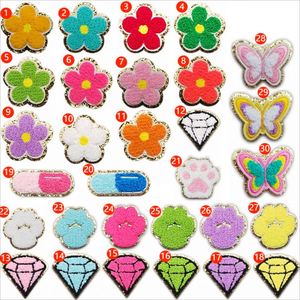 Factory Sell Low MOQ Iron On/ <b>Sticker</b> Glitter Edge Diamond <b>Flower</b> Capsule Paw Shape Chenille Patch for Garment Cat Patches - Product Image 2