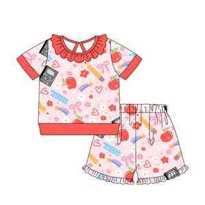 Conjuntos de Ropa para Niñas con Estampado de Flores y Lápices, Estilo Casual de Verano para Regreso a Clases, Shorts con Volantes de Algodón y Spandex, Combinados para Hermanas - Product Image 5