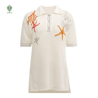 Pull-over en maille de coton brodé floral à manches courtes et col polo pour femme, idéal pour la plage – Vente en gros