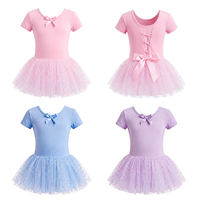 Vestido de Ballet de Algodón para Niñas, con Tutú y Leotardo, para Práctica de Danza y Actuaciones en Escenario, Manga Corta, Decoración de Lazo, Falda de Tul Brillante