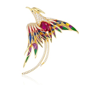Broche de Pájaro Esmaltado de Plata 925 con Alas de Rubí Creado en Laboratorio, Pin de Solapa, Joyería de Pluma, Regalo para Mujer L - Product Image 1