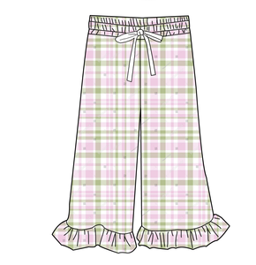 Nuovi <span class=keywords><strong>Pantaloni</strong></span> <span class=keywords><strong>Larghi</strong></span> alla Moda per Bambine con Orlo a Volant, Abbigliamento Casual, Basso MOQ, <span class=keywords><strong>Pantaloni</strong></span> a Quadri e a Righe in Maglia per Bambini - Product Image 3