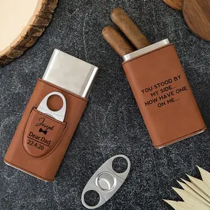 Personalized Cigar Cases 2oz Hip Flask Custom Laser Engraved Logo Leatherette Portable Travel Cigar Humidor With Cigar Cutter